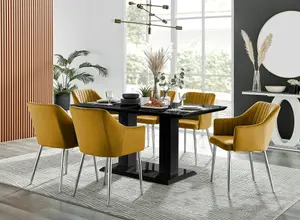 Imperia Black High Gloss 6 Seater Dining Table with Structural 2 Plinth Column Legs 6 Mustard Velvet Silver Leg Calla Chairs