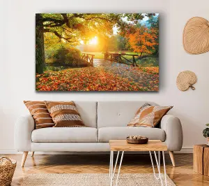 Woodland Bridge Autumn Tranqulity Canvas Print Wall Art - Medium 20 x 32 Inches