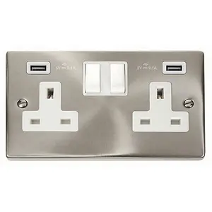 Satin / Brushed Chrome 2 Gang 13A 2 USB Twin Double Switched Plug Socket - White Trim - SE Home