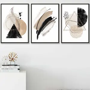 Set of 3 Abstract Black Beige Watercolour Shapes Wall Art Prints / 30x42cm (A3) / Black Frame