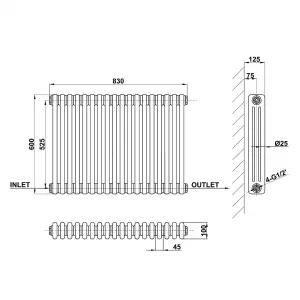 Horizontal Anthracite Triple Column Radiator (H) 600mm x (W) 830mm, 5353 BTU.