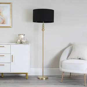 ValueLights Marissa Gold Stacked Ball Floor Lamp with Black Drum Shade