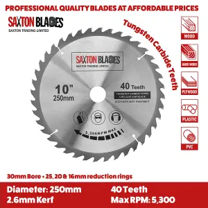 Saxton TCT25040T TCT Circular Saw Blade 250mm x 40T x 30mm Bore + 16, 20 and 25mm Reduction Rings