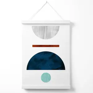 Teal and Grey Semi Circles Mid Century Geometric Poster with Hanger / 33cm / White