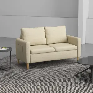 HOMCOM 2 Seater Sofa Modern Fabric Couch with Wood Legs and 2 Pockets Beige