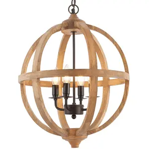 Multi Light Ceiling Pendant 4 Bulb Mango Wood & Bronze Solid Round Lamp Shade