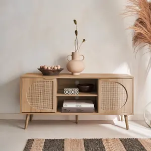 sweeek. Wood and rounded cane rattan TV stand Eva Natural 120x39x56.5 cm