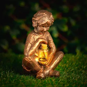 Solar Boy Garden Ornament LED Light Up Lantern Fairy Jar Bottle Outdoor Lighting