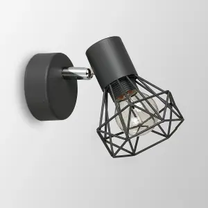 ValueLights Angus Retro Style Metal Basket Cage Wall Light Fitting In Pewter Grey Finish