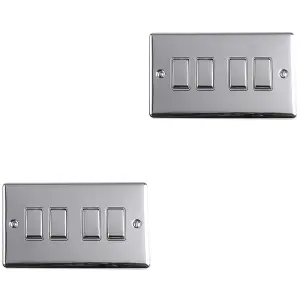 2 PACK 4 Gang Quad Metal Light Switch POLISHED CHROME 2 Way 10A GREY Trim