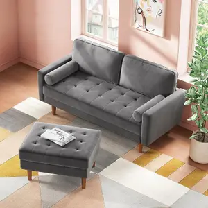 148CM Velvet Love Seat Grey Couch with 2 Pillows