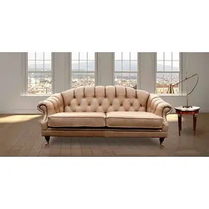 Chesterfield 3 Seater Old English Parchment Real Leather Sofa In Custom Made Victoria Style