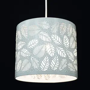 Ceiling Pendant Lightshade Silver Metal Drum with cut out Leaf Design and Ivory lining