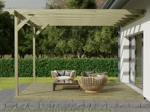 Wall mounted pergola and decking complete diy kit, Sculpted design (3.6m x 3.6m, Light green (natural) finish)