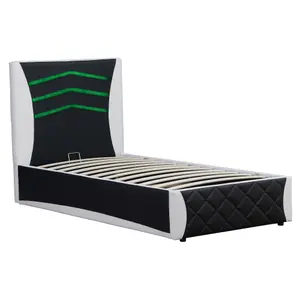 Galaxy Ottoman Storage LED Headboard Gaming Single Bed Frame (Black and White)