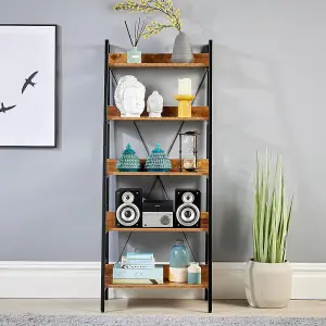 Home Source Urban Narrow 5 Tier Ladder Bookcase Shelving Storage Black and Rustic Wood Effect