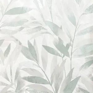 Rasch Fiji Leaves Motif Tropical Leaf Foliage Metallic Green Wallpaper