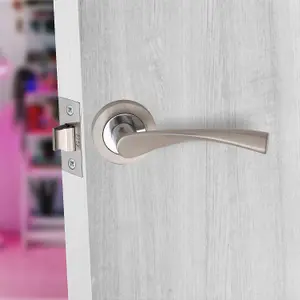 Golden Grace 1 Set Astrid Design Chrome Door Handles on Rose, Dual Finish Lever Latch, Tubular Latch, Hinges