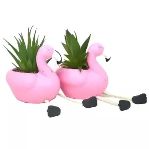 Set Of 2 Ceramic Flamingo Pots With Succulents Plants Home Decor Xmas Gift