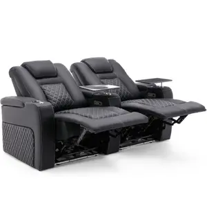 Broadway 2 Seater Electric Recliner Cinema Sofa USB Charging Led Base With Tray (Black w White Stitching)