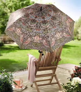 Clip on William Morris Parasol Umbrella with Universal Screw Clamp for Garden Chair or Lounger - Strawberry Thief Design