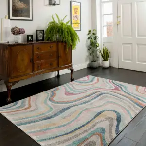 Grooved Lines Retro Milticoloured Pastel Fireside Living Area Rug 190cm x280cm