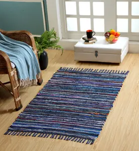 Festival Recycled Cotton Blend Rag Rug in Varied Colourways Indoor and Outdoor Use / 120 cm x 180 cm / Blue