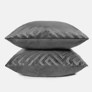 OHS 2 x Matte Geo Velvet Cushion Covers Filled, 45 x 45cm - Charcoal Grey