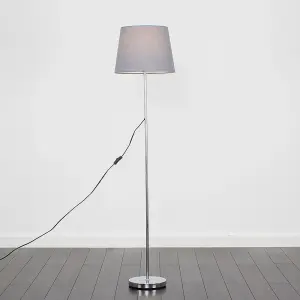 ValueLights Standard Floor Lamp in Polished Chrome Metal Finish with Grey Tapered Shade - Bulb Included