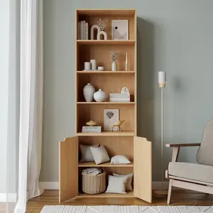 URBNLIVING 180 cm Height 6 Tier Bookcase With 2 Door Cupboard Cabinet Storage Shelving Display Wood Shelf Beech