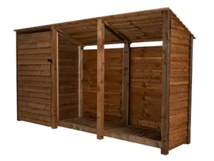 Wooden tool and log store (roof sloping back), garden storage W-335cm, H-180cm, D-88cm - brown finish