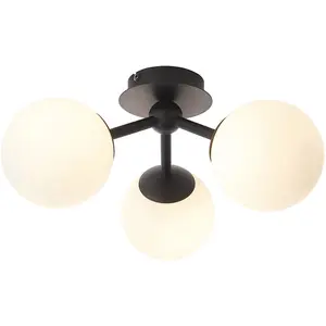 Semi Flush Multi Arm Bathroom Ceiling Light - Matt Black & White Glass - 3 Lamp