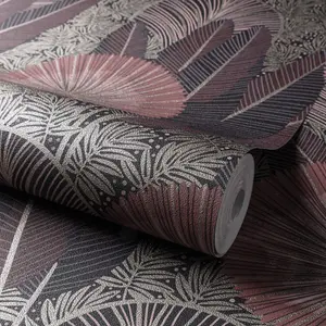 Grandeco Aperia Oriental Jungle Leaf Textured Wallpaper, Red Pink