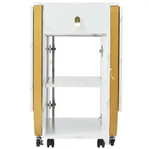 Folding Dining Table with Cupboard and 2 Drawers,  Space-saving Dining Table with 4 Supporting Legs on Gliders, White/Gold