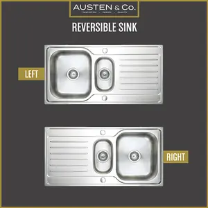 Austen & Co. Napoli Stainless Steel Inset Reversible 1.5 Bowl Kitchen Sink With Drainer. Lifetime Guarantee, Fast Delivery