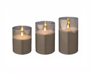 3 Smoky Glass LED Candles With Timer Warm White Candle Lights Realistic 10cm Wide