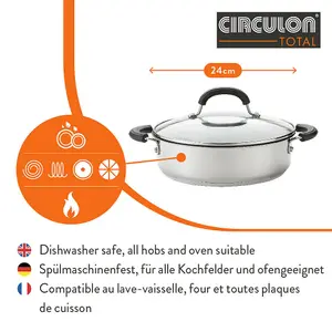 Circulon Total Silver Round Stainless Steel Induction Suitable Non-Stick Casserole Shallow 24cm, 2.8L