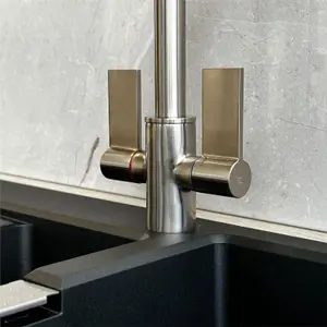 Liquida W18BN Twin Lever D Shape 360 Degree Brushed Nickel Kitchen Tap