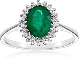 Emerald 8 X 6mm And Diamond 9K White Gold Ring