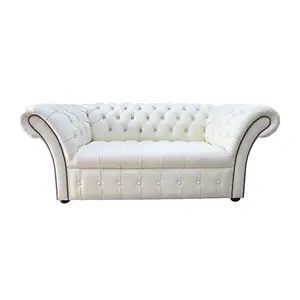 Chesterfield 2 Seater Buttoned Seat Cottonseed Real Leather Sofa Settee In Balmoral Style