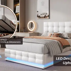 Ottoman Lift Storage Bed with LED Lighting, PU Faux Leather Upholstered 4ft6 Double Size Bed Frame(Without Mattress, White)