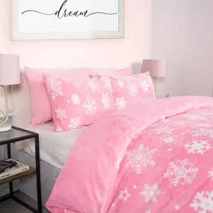 Snowflake Teddy Fleece Duvet Cover Bedding Winter Christmas, Blush - Single