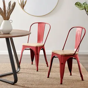 Furniturebox Set of 2 Red Colton Tolix Style Stackable Industrial Metal Dining Chair With Pine Seat