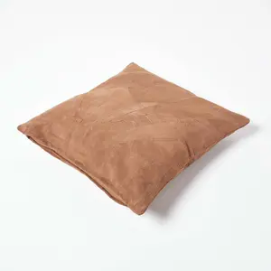 Homescapes Tan Brown Real Leather Suede Cushion with Feather Filling