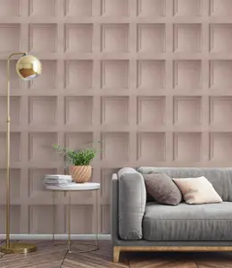 Blush Pink Wooden Panel 3D Effect Realistic Square Panelling Flat Wallpaper