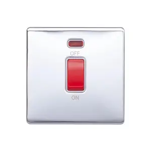 Polished Chrome Screwless Plate 45A 1 Gang Double Pole Switch, Single Plate - White Trim - SE Home