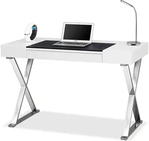 Homeology ADONIS Gloss White and Chrome Ergonomic Home Office Luxury Computer Desk