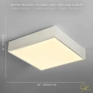 Modern 25w LED Flush Square Ceiling Light in Brushed Silver with Opal Diffuser