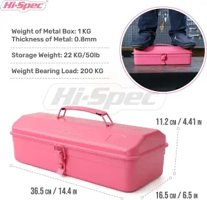 Hi-Spec Pink Steel Metal Barn Tool Box Carry Case: High-Gloss Finish Portable Storage for Everyday Use