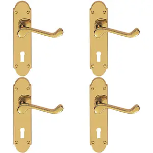 4 PACK - Victorian Latch & Lock Door Handle - Polished Brass Lever On Shaped Backplate